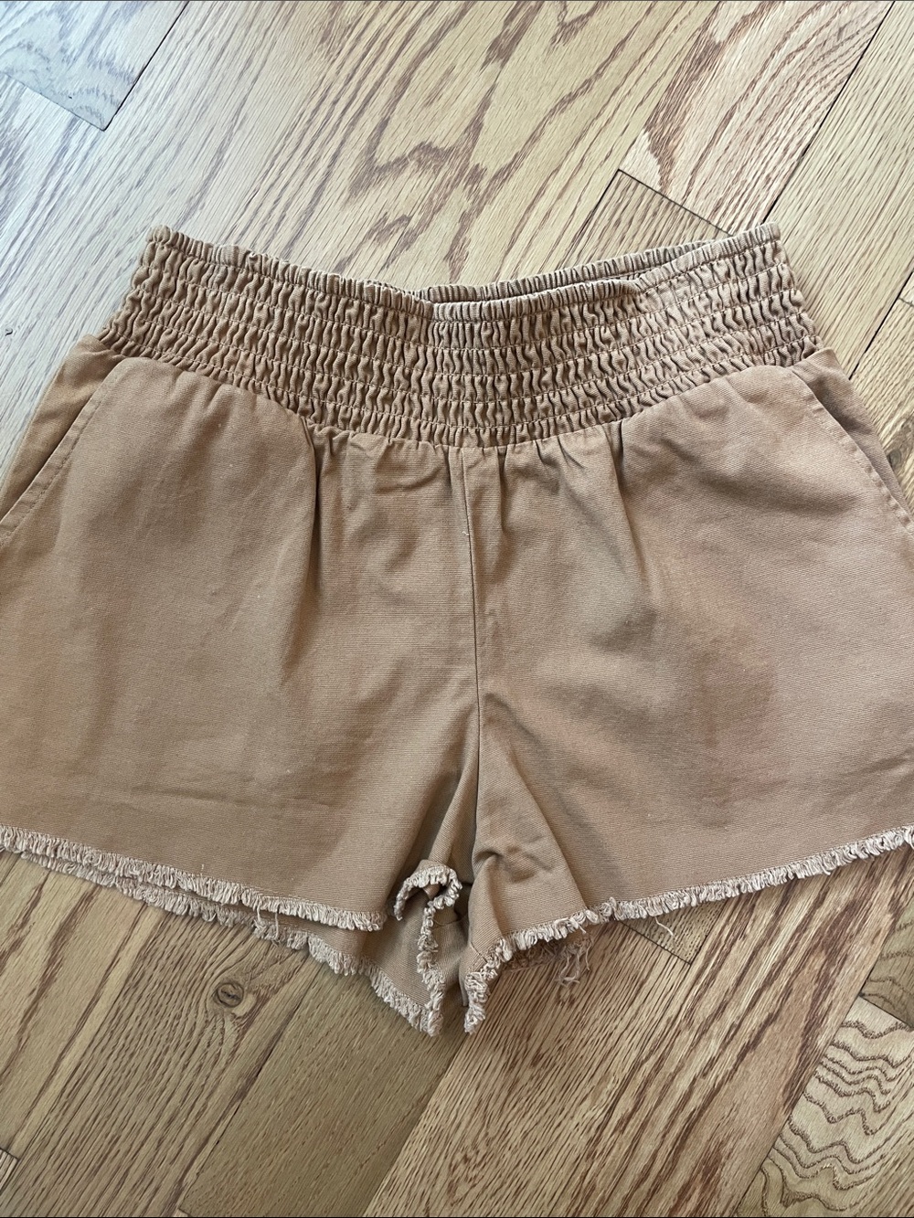 wild fable Tan Smocked Waist Fringe Hem Jean Shorts